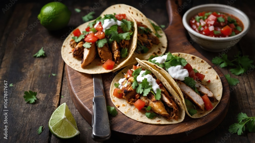 Delicious tacos with chicken, topped with cilantro, tomatoes, and sour cream, served with salsa. Delicious tacos with chicken, topped with cilantro, tomatoes, and sour cream, served with salsa.