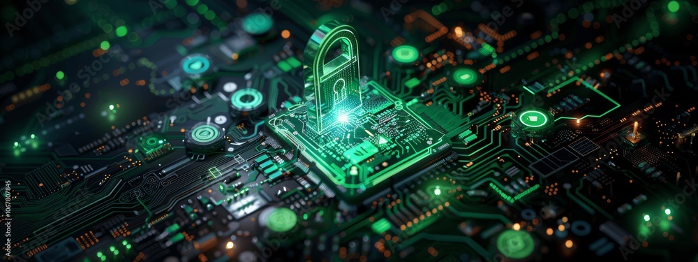 Cybersecurity Service Concept: Secure Lock and Digital Circuit Board with Data Flow Icons on Black Background Cybersecurity Service Concept: Secure Lock and Digital Circuit Board with Data Flow Icons on Black Background