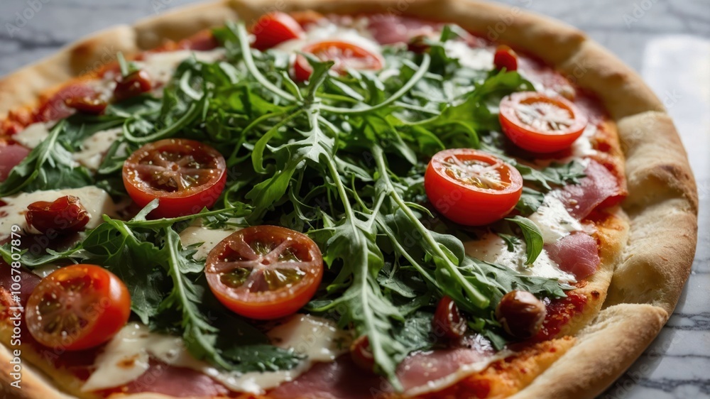 A delicious pizza topped with arugula, cherry tomatoes, and mozzarella cheese. A delicious pizza topped with arugula, cherry tomatoes, and mozzarella cheese.
