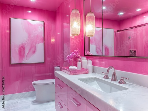 Pink Bathroom with White Sink and Toilet