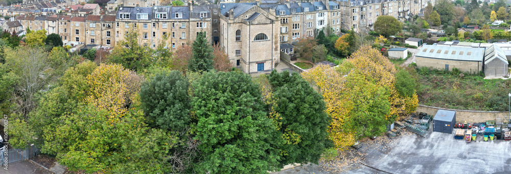 Fototapeta premium Aerial Panoramic View of Historical Walcot Bath City of England Which is Located in North East of Somerset, United Kingdom. High angle Footage Was Captured During Mostly Cloudy Early Morning