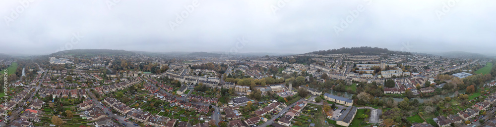 Aerial Panoramic View of Historical Walcot Bath City of England Which is Located in North East of Somerset, United Kingdom. High angle Footage Was Captured During Mostly Cloudy Early Morning Aerial Panoramic View of Historical Walcot Bath City of England Which is Located in North East of Somerset, United Kingdom. High angle Footage Was Captured During Mostly Cloudy Early Morning