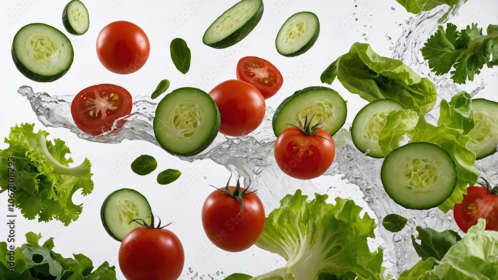 Fresh vegetables splashing in water, showcasing vibrant colors and healthy eating. Fresh vegetables splashing in water, showcasing vibrant colors and healthy eating.