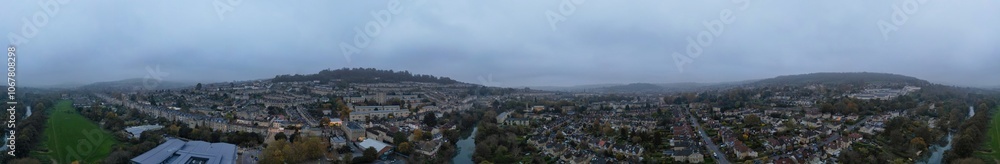 Fototapeta premium Aerial Panoramic View of Historical Walcot Bath City of England Which is Located in North East of Somerset, United Kingdom. High angle Footage Was Captured During Mostly Cloudy Early Morning