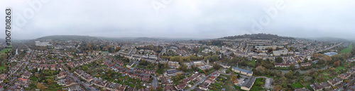 Aerial Panoramic View of Historical Walcot Bath City of England Which is Located in North East of Somerset, United Kingdom. High angle Footage Was Captured During Mostly Cloudy Early Morning