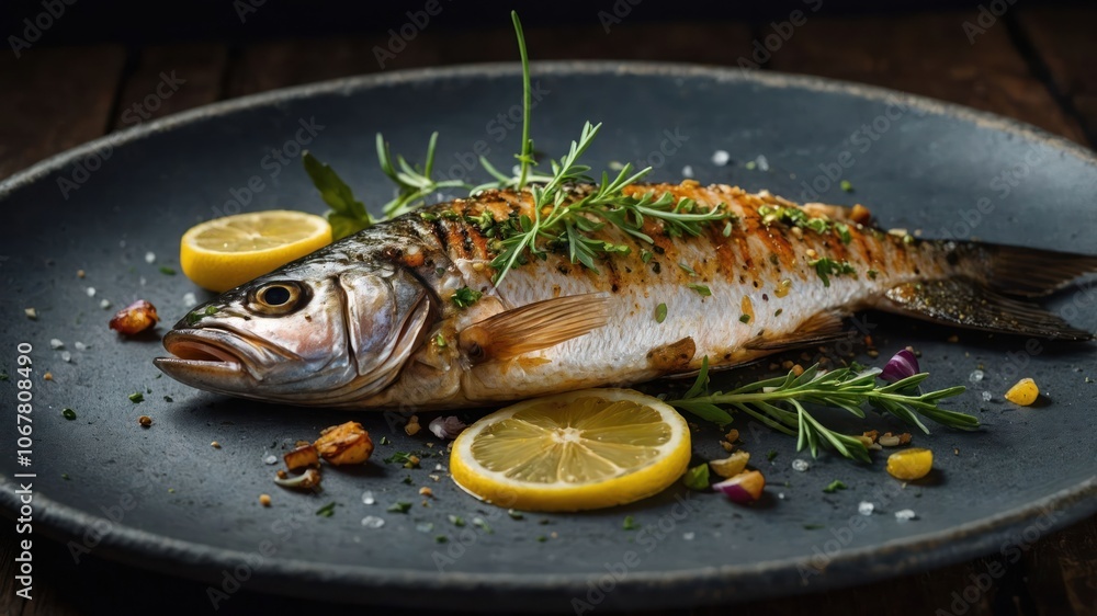A beautifully plated grilled fish garnished with herbs and lemon slices. A beautifully plated grilled fish garnished with herbs and lemon slices.