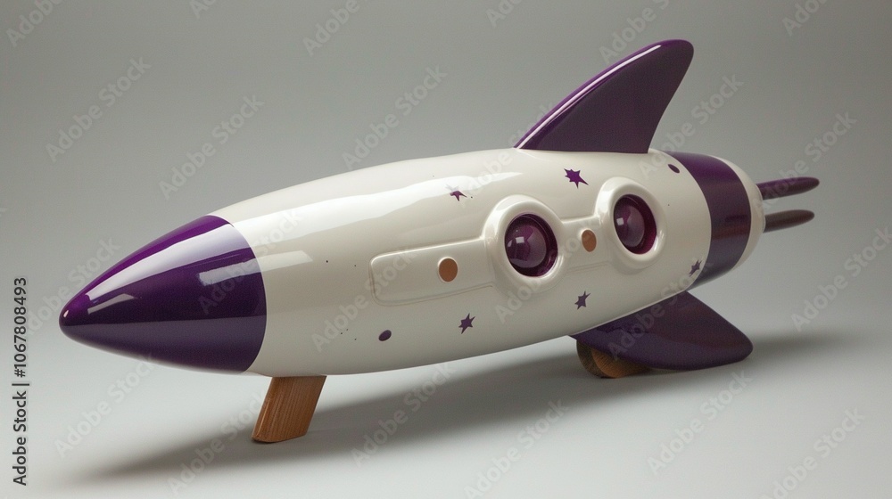 Purple and White Retro Rocket with Stars and Wood Base Purple and White Retro Rocket with Stars and Wood Base