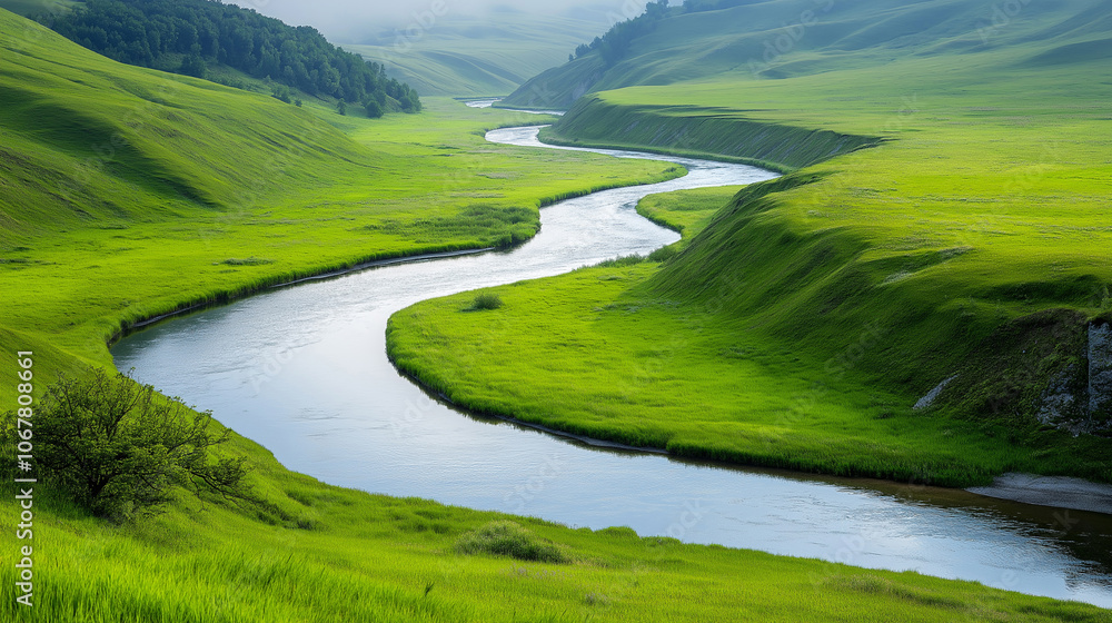 a calm river winding through a verdant valley a calm river winding through a verdant valley