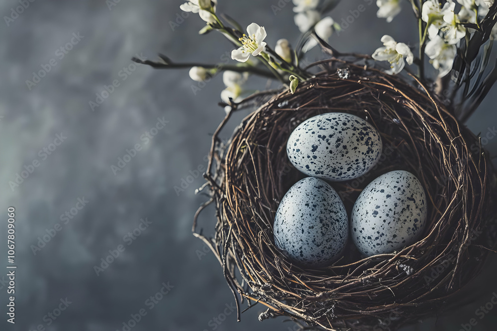 Cute easter egg background image - A nest containing three speckled eggs surrounded by delicate flowers. Cute easter egg background image - A nest containing three speckled eggs surrounded by delicate flowers.
