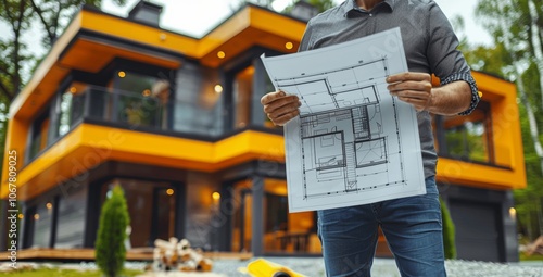 Modern Home Construction Manager Reviewing Blueprints