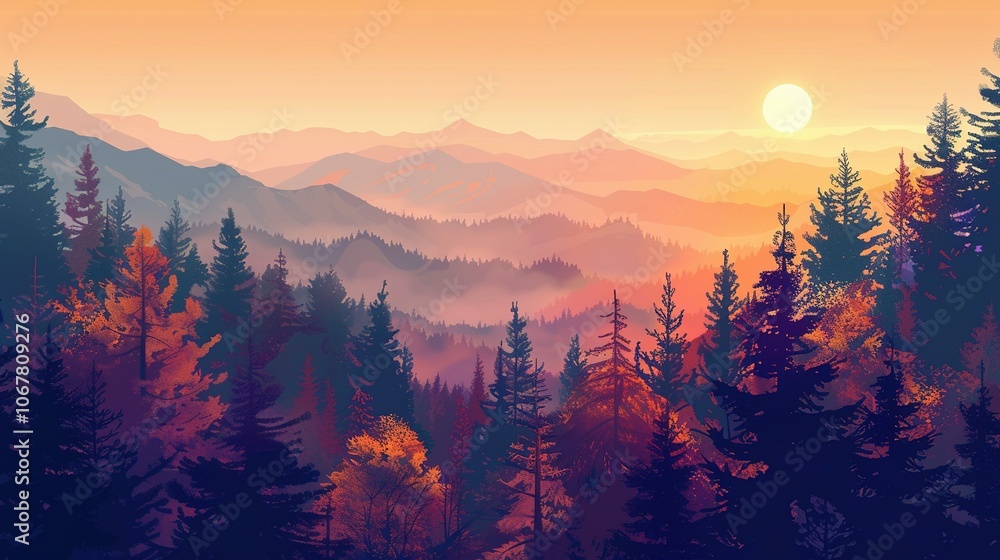 Obraz premium Sunset over a misty forest and mountain range