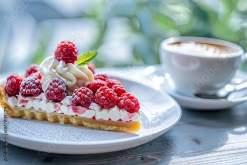 Fresh Raspberry Tart with Whipped Cream and Coffee