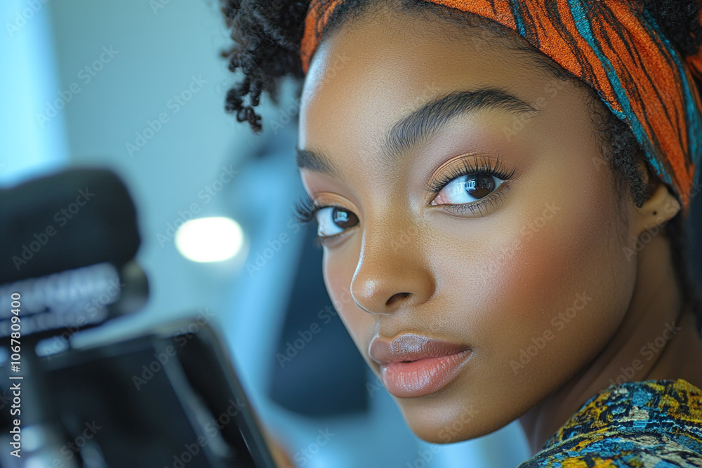a person applying makeup while looking at their phone, ready to record a beauty tutorial. a person applying makeup while looking at their phone, ready to record a beauty tutorial.