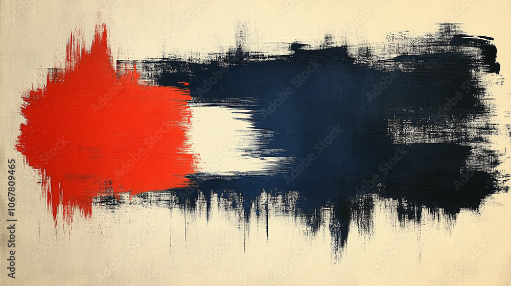 Fototapeta premium dynamic abstract pattern featuring navy blue, white, and red brush strokes on a textured background. The fluid lines evoke energy, creativity, and a sense of bold, artistic expression