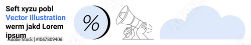 Megaphone amplifying message, percentage symbol, and cloud shape in light blue. Ideal for marketing campaigns, data analytics, cloud services, digital communication, advertising, promotions