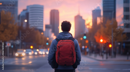 person with backpack stands on city street at sunset, surrounded by urban buildings and traffic, evoking sense of adventure and exploration. photo