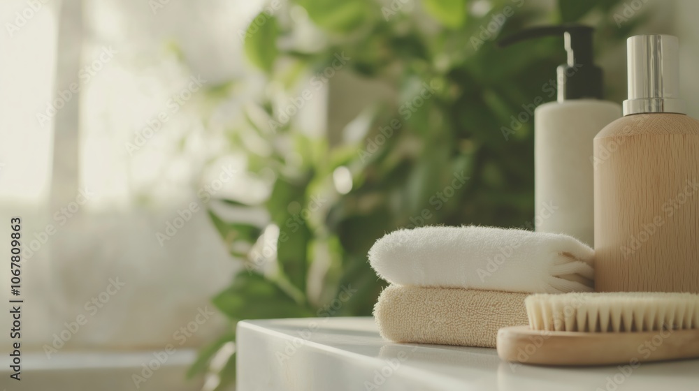 A serene bathroom countertop setup with natural elements and personal care products in soft morning light. A serene bathroom countertop setup with natural elements and personal care products in soft morning light.