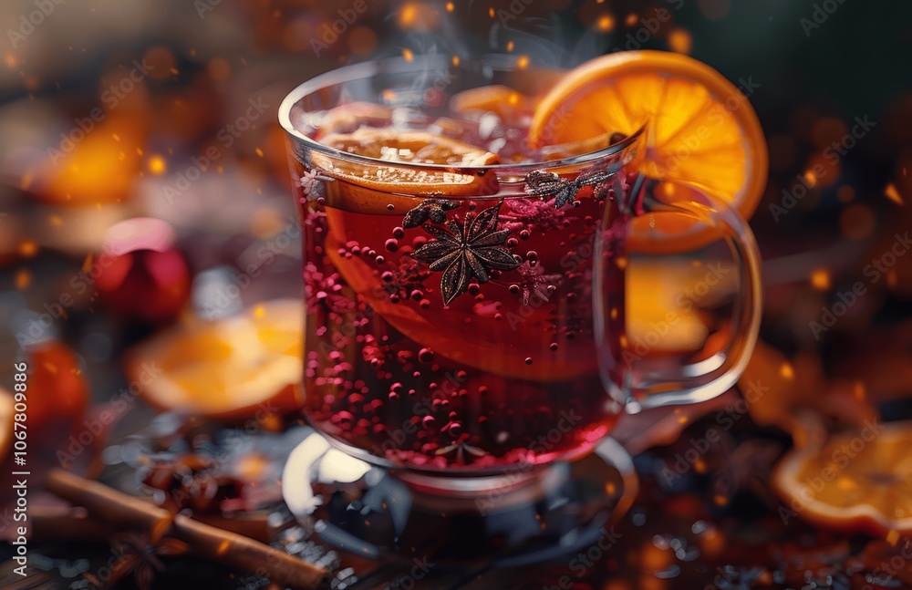 Flying Mulled Wine with Splashes, Anise Stars, Oranges, and Cinnamon Sticks on Dark Background Flying Mulled Wine with Splashes, Anise Stars, Oranges, and Cinnamon Sticks on Dark Background