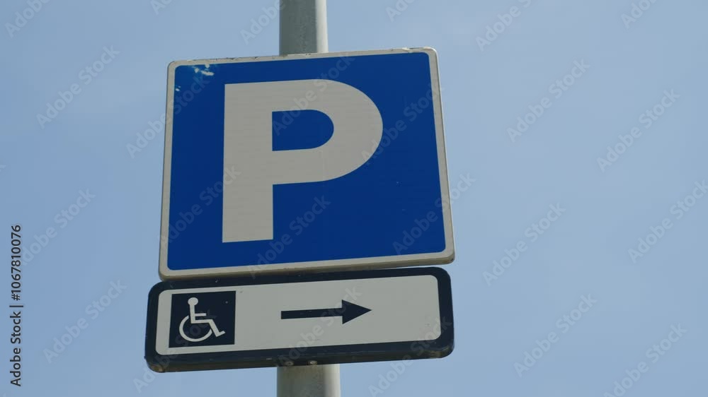 The sign shows accessible parking with a directional arrow for user convenience The sign shows accessible parking with a directional arrow for user convenience