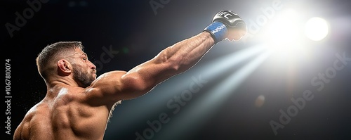A dramatic moment capturing a fighter celebrating victory, illuminated by bright lights in an intense atmosphere.