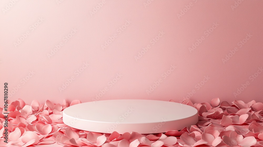 Minimalist Podium with Petals on Pink Background Minimalist Podium with Petals on Pink Background