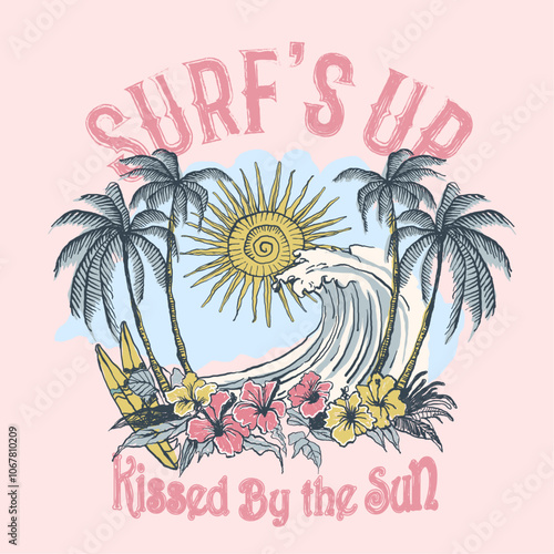 hand drawn surfing beach nature art. women's and girls vintage t-shirt print design for vector graphic, slogan print kissed by the sun, summer beach artwork .