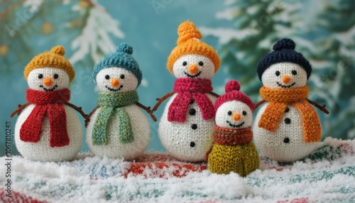 Wallpaper Mural Cute knitted snowman figures dressed in colorful scarves, set against a snowy backdrop. Torontodigital.ca