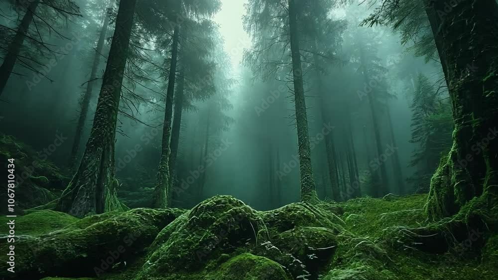 Low angle static shot: A dense, foggy forest with lush green moss ...