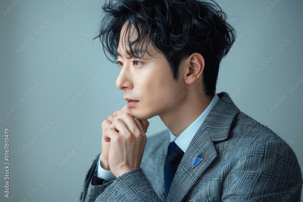 Young Korean Man in Grey Suit Contemplating Young Korean Man in Grey Suit Contemplating