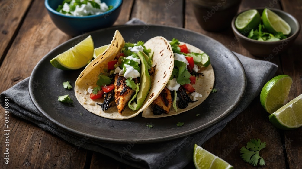 Tacos with fresh toppings and lime, served on a rustic plate. Tacos with fresh toppings and lime, served on a rustic plate.