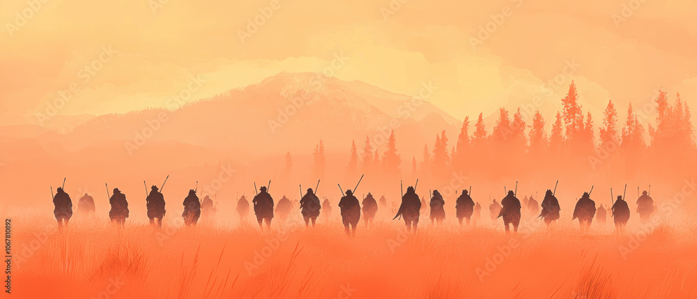 A group of silhouetted figures advance through a misty, orange-hued landscape, evoking a sense of mystery and adventure. A group of silhouetted figures advance through a misty, orange-hued landscape, evoking a sense of mystery and adventure.