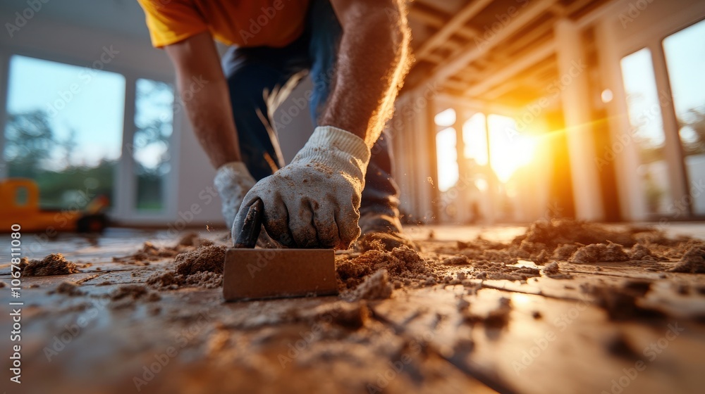 A person is sanding a wooden floor inside a building as the sun sets outside, creating a warm and serene atmosphere, highlighting craftsmanship and dedication. A person is sanding a wooden floor inside a building as the sun sets outside, creating a warm and serene atmosphere, highlighting craftsmanship and dedication.