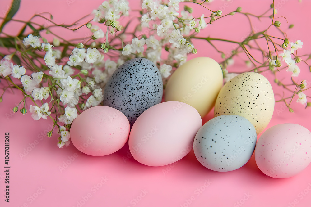 Cute easter egg background image - Colorful Easter eggs arranged with delicate flowers on a pink background. Cute easter egg background image - Colorful Easter eggs arranged with delicate flowers on a pink background.