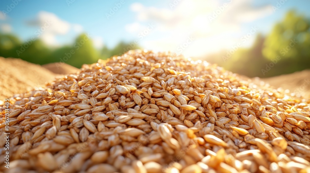 A large pile of golden barley grains sits in a field with a blurred background of green trees and a bright blue sky with clouds and sunshine. A large pile of golden barley grains sits in a field with a blurred background of green trees and a bright blue sky with clouds and sunshine.