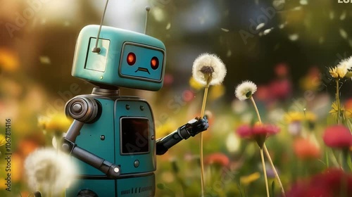 Small robot and vibrant butterfly meeting in a flower-filled meadow under a bright sky, symbolizing technology and nature