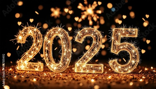 new year 2025 greeting card design with fire works, luxury, glitter litch