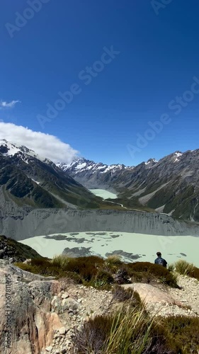 Mountain top views of Mount Cook National Park from Sealy Tarns Track. Landscape with lake and mountains