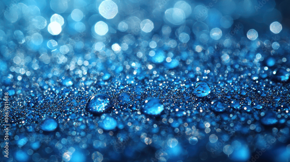 Natural macro shot of dewdrops on blue surface, creating calming effect Natural macro shot of dewdrops on blue surface, creating calming effect