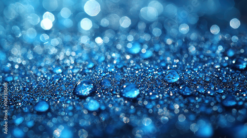 Natural macro shot of dewdrops on blue surface, creating calming effect