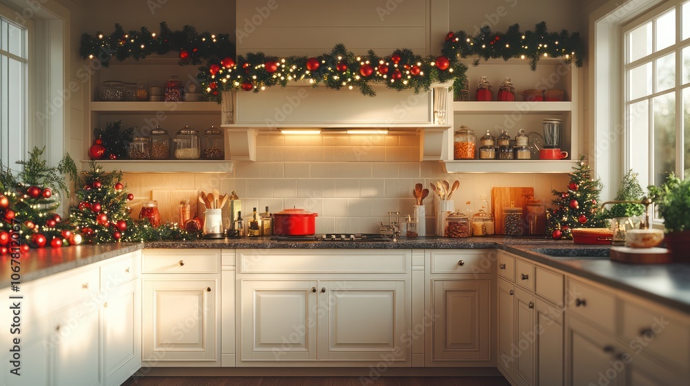 A white kitchen decorated for Christmas with garlands, ornaments, and small Christmas trees. A white kitchen decorated for Christmas with garlands, ornaments, and small Christmas trees.