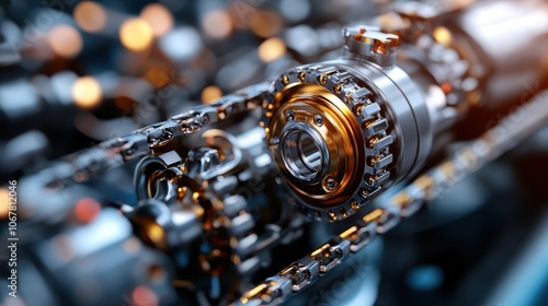 A close-up view of complex mechanical gears and chains, highlighting the intricate design and craftsmanship, reflecting precision engineering and technology advances. photo