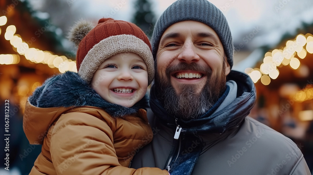 Father and Son Enjoying Christmas Market Together Father and Son Enjoying Christmas Market Together
