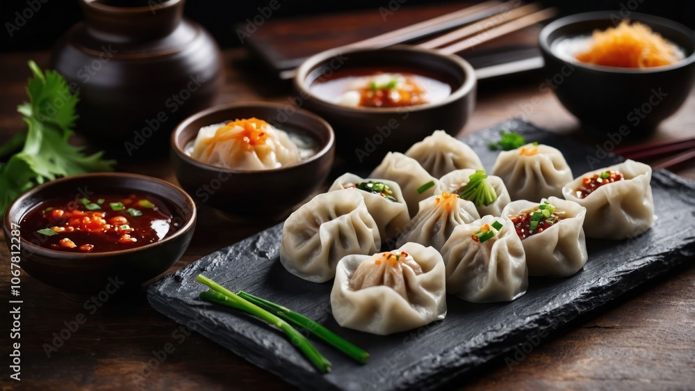 A platter of dumplings with dipping sauces, garnished and presented on a slate board. A platter of dumplings with dipping sauces, garnished and presented on a slate board.