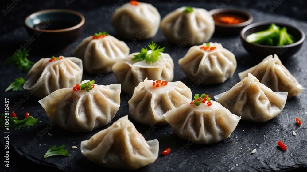 A platter of dumplings garnished with herbs and chilies, served with dipping sauces. A platter of dumplings garnished with herbs and chilies, served with dipping sauces.