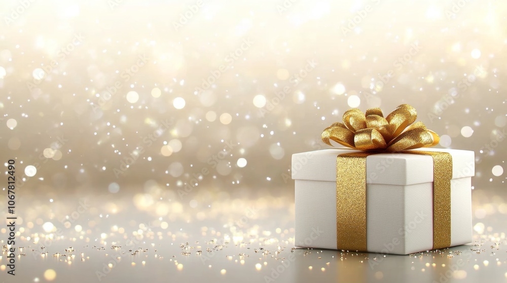 A White Gift Box with Gold Ribbon and Bow on a Glittery Background A White Gift Box with Gold Ribbon and Bow on a Glittery Background