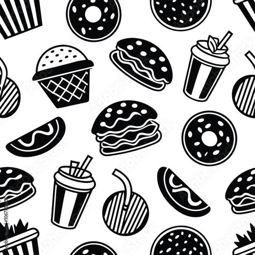 seamless pattern of delicious food on white background