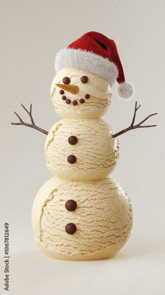 Ice Cream Cone Snowman with Santa Hat and Cute Smile