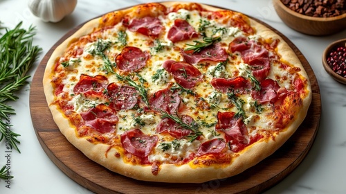 Prosciutto Pizza with Fresh Herbs. Generative AI