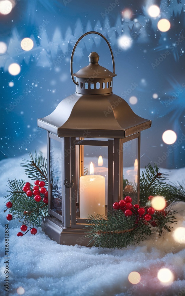 A lit lantern with candles and Christmas greenery sits on a snowy surface with a blurred background of trees and twinkling lights. A lit lantern with candles and Christmas greenery sits on a snowy surface with a blurred background of trees and twinkling lights.