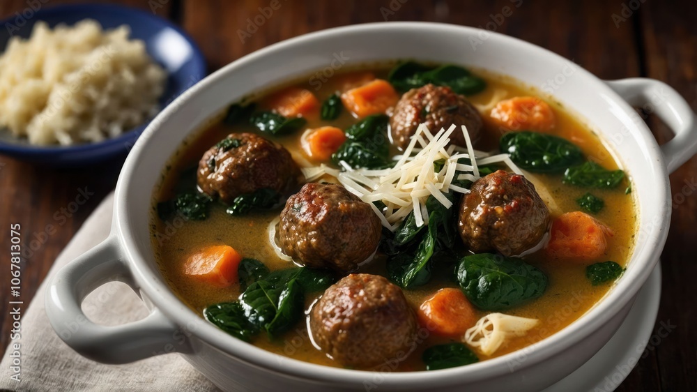 A bowl of meatball soup with vegetables and cheese, served with rice on the side. A bowl of meatball soup with vegetables and cheese, served with rice on the side.